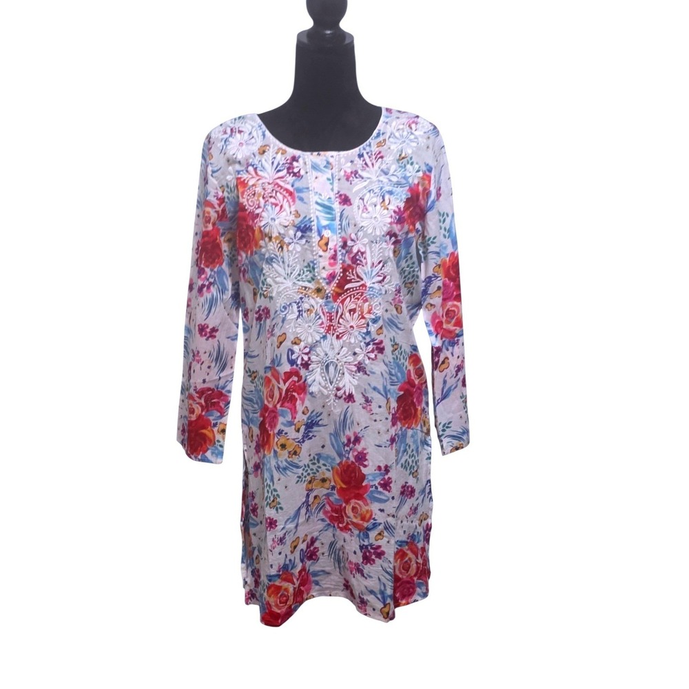 Vintage Goa Womens Floral Embroidered Tunic Top Multi-Color Boho Long Sleeve M
